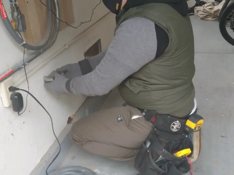 Electrician performing outlet wiring in a Lowell garage